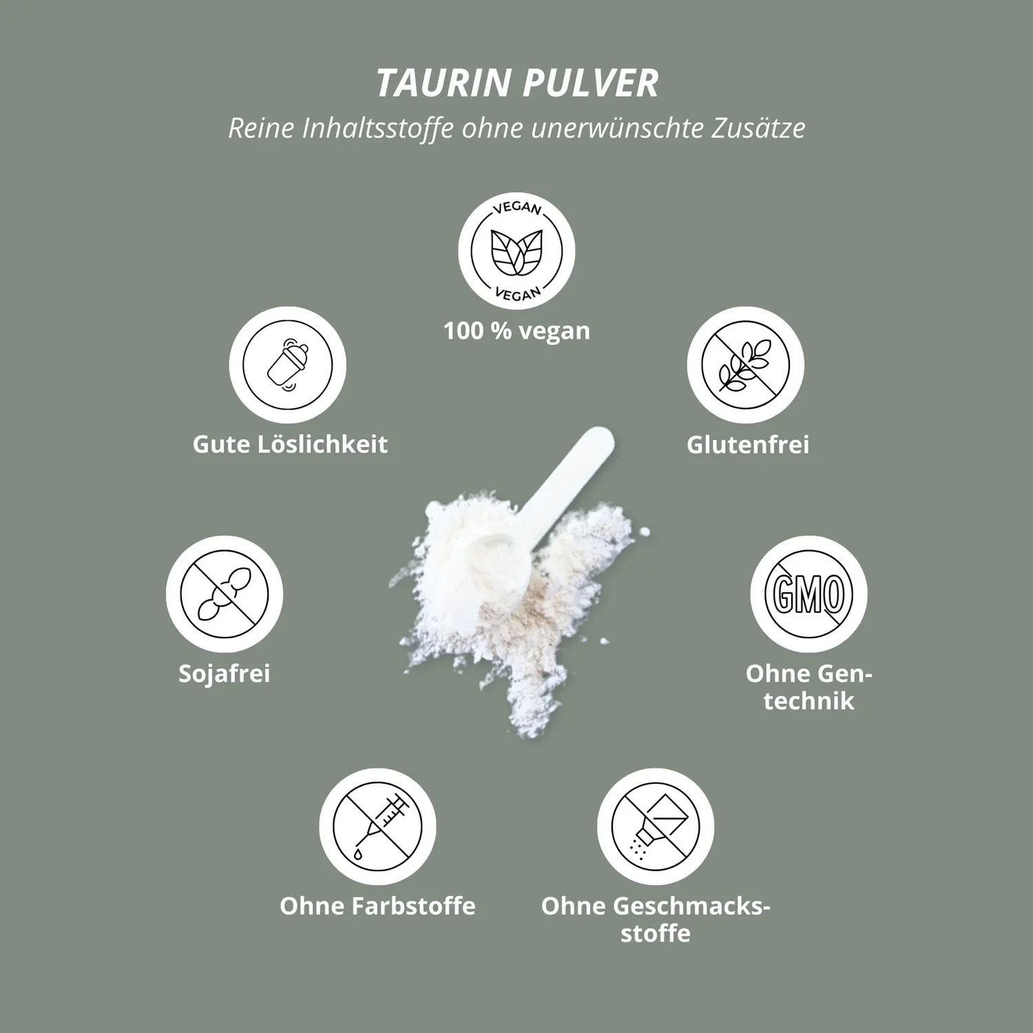 Taurin Pulver: Übersicht der Vorteile mit Symbolen für rein und vegan, gute Löslichkeit und ohne Zusätze.