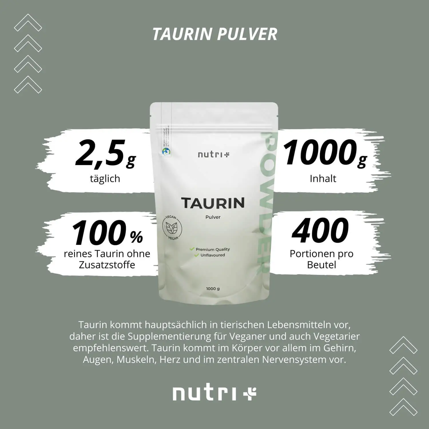 Taurin Pulver von Nutri: 100% reines Taurin in 1000g Beutel, 400 Portionen, ohne Zusatzstoffe.
