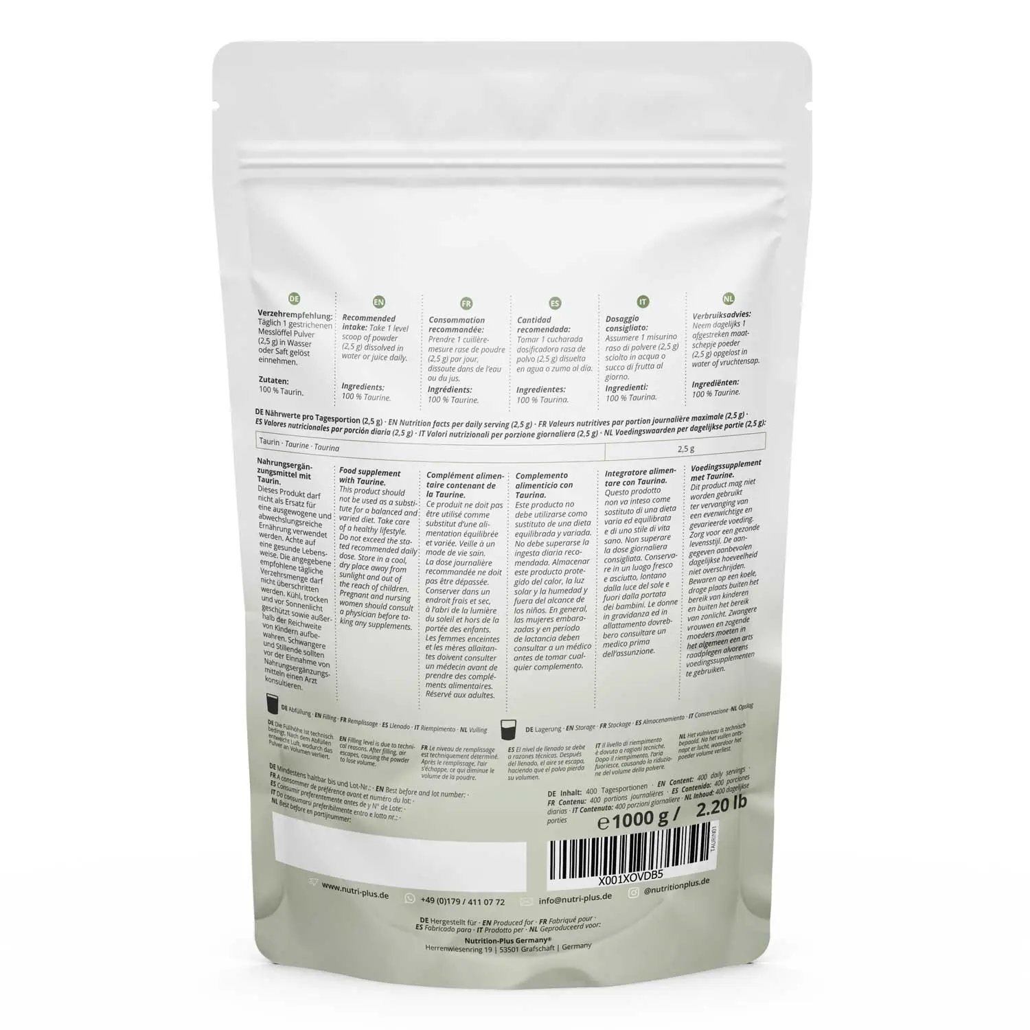 Rückansicht der Verpackung von Taurin Pulver, 100% rein, vegan und hochdosiert für Sport und Fitness.