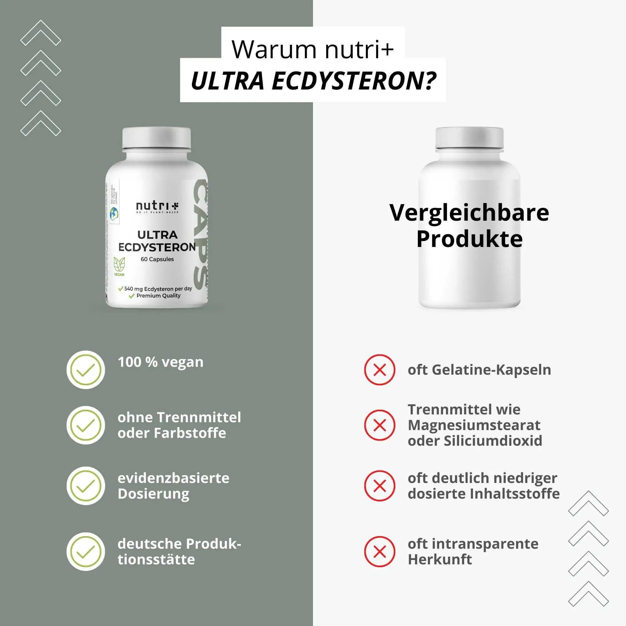 Bild von Ultra Ecdysteron Kapseln + Leucin mit veganen Inhaltsstoffen und Vergleich zu anderen Produkten.