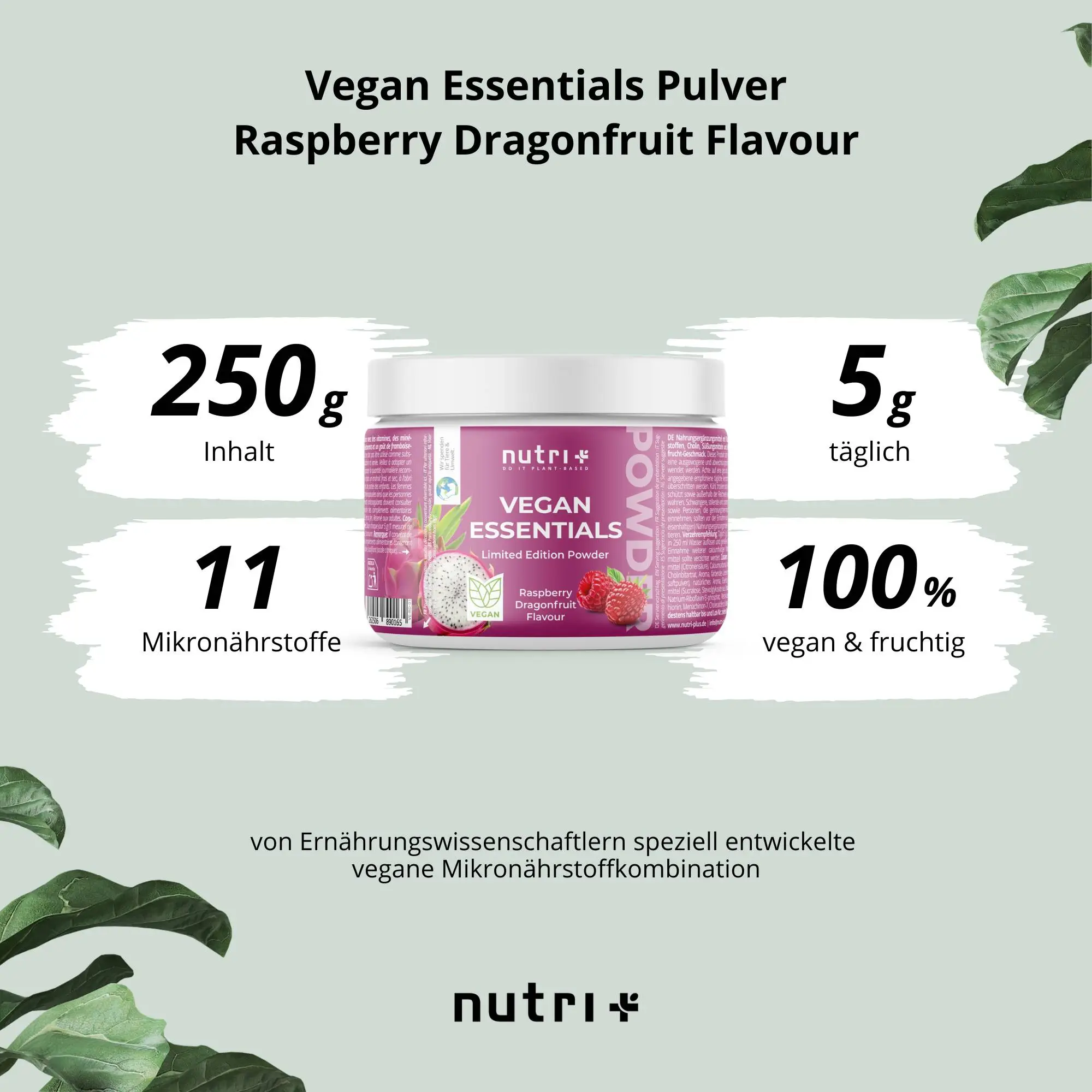 Verpackung des Vegan Essentials Pulvers Raspberry Dragonfruit mit Nährstoffangaben und veganer Formel.