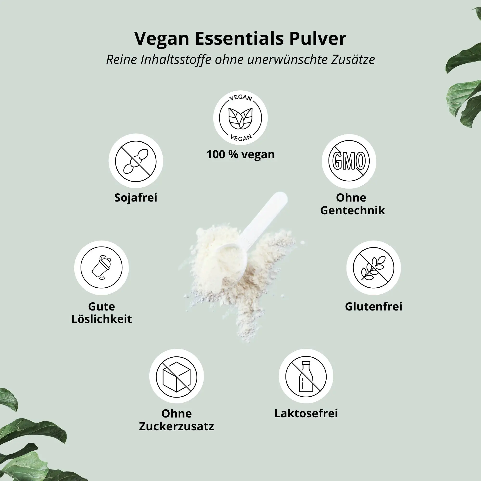 Vegan Essentials Pulver Raspberry Dragonfruit mit Symbolen für vegan, glutenfrei und ohne Zuckerzusatz.