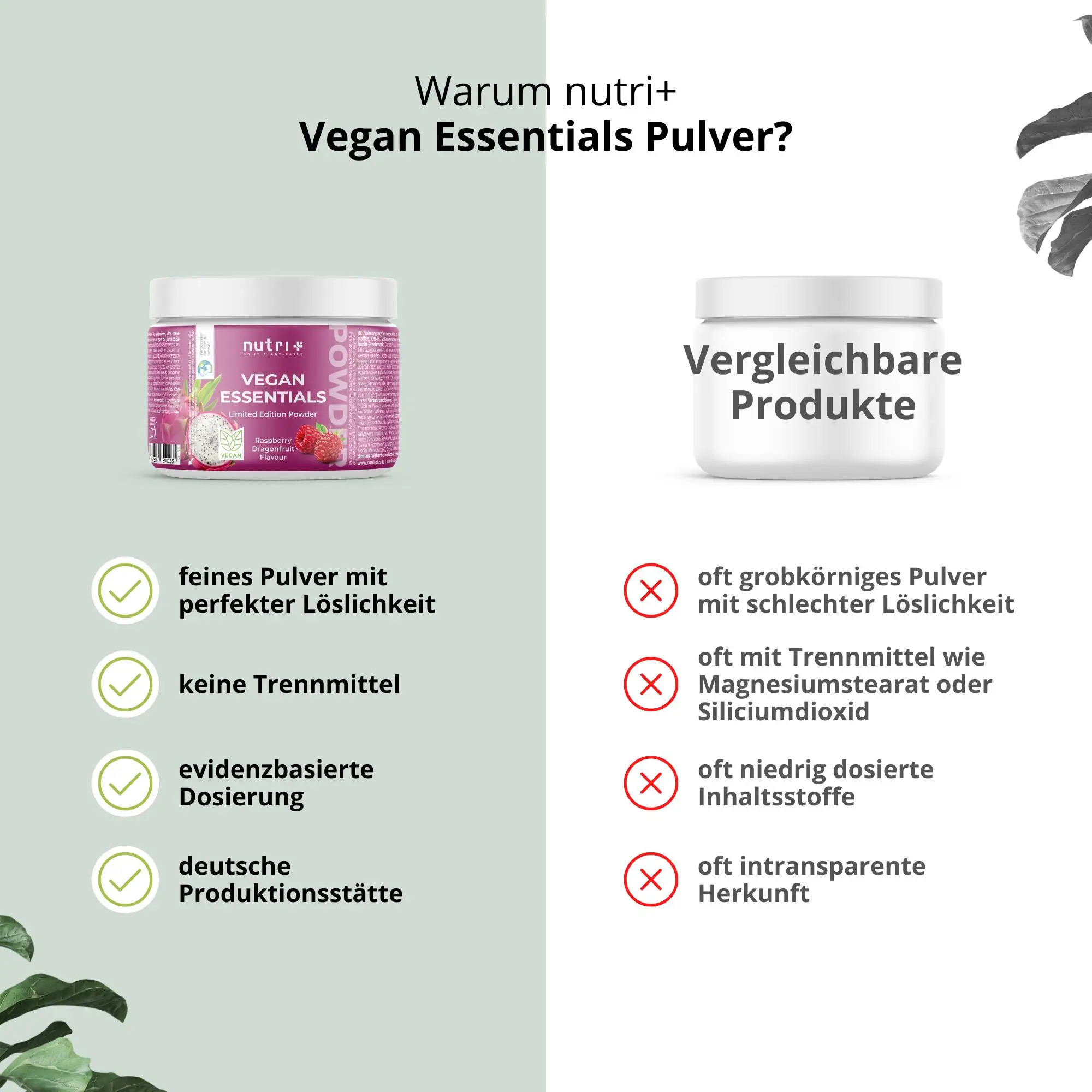 Vegan Essentials Pulver Raspberry Dragonfruit in Dose, mit Vorteilen und Vergleich zu anderen Pulvern.