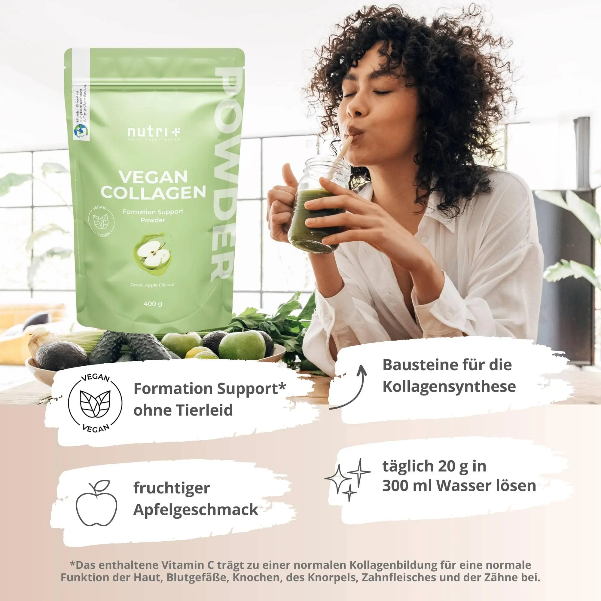 Frau trinkt Smoothie aus Vegan Collagen Formation Support Pulver Green Apple mit fruchtigem Apfelgeschmack.