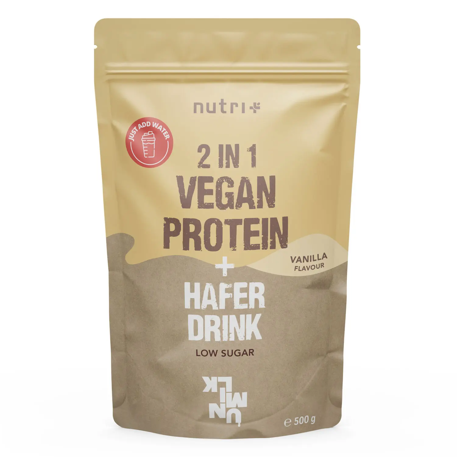 Verpackung des 2 in 1 VEGAN PROTEIN + Haferdrink Vanille, 500g, mit niedrigen Zuckergehalt.