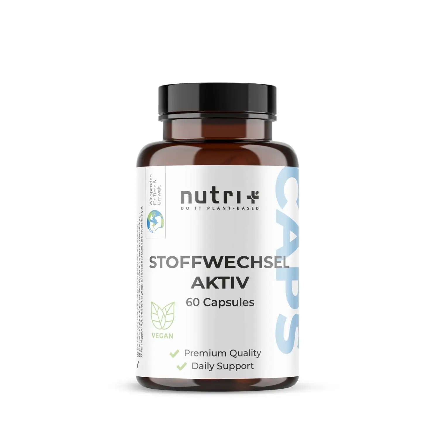 Flasche mit 60 veganen Stoffwechsel Aktiv Kapseln von Nutri für täglichen Support beim Abnehmen.