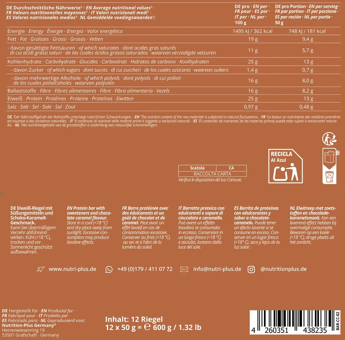 Nährwerttabelle der VHEY® Protein Bar Chocolate Caramel Crisp mit 12 Riegeln und 600 g Gesamtgewicht.