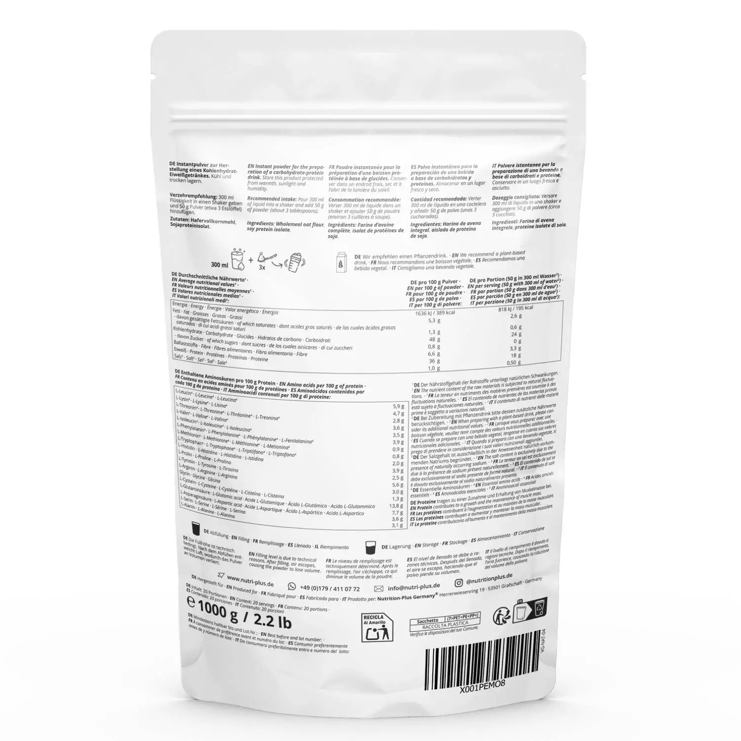 Rückansicht des VHEY® Gainer Natural mit Nährwertangaben und Inhaltsstoffen auf der Verpackung.