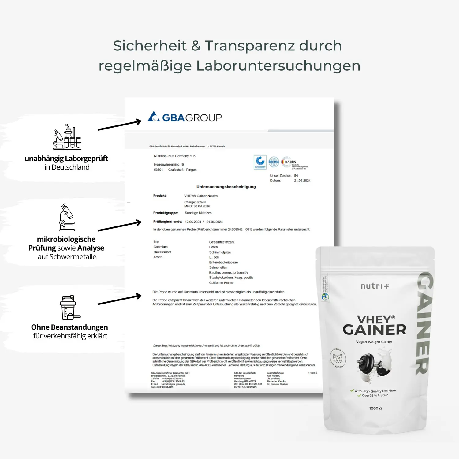 VHEY® Gainer Natural: Zertifikat von GBA Group, bestätigt Laboruntersuchungen und Sicherheit des Produkts.