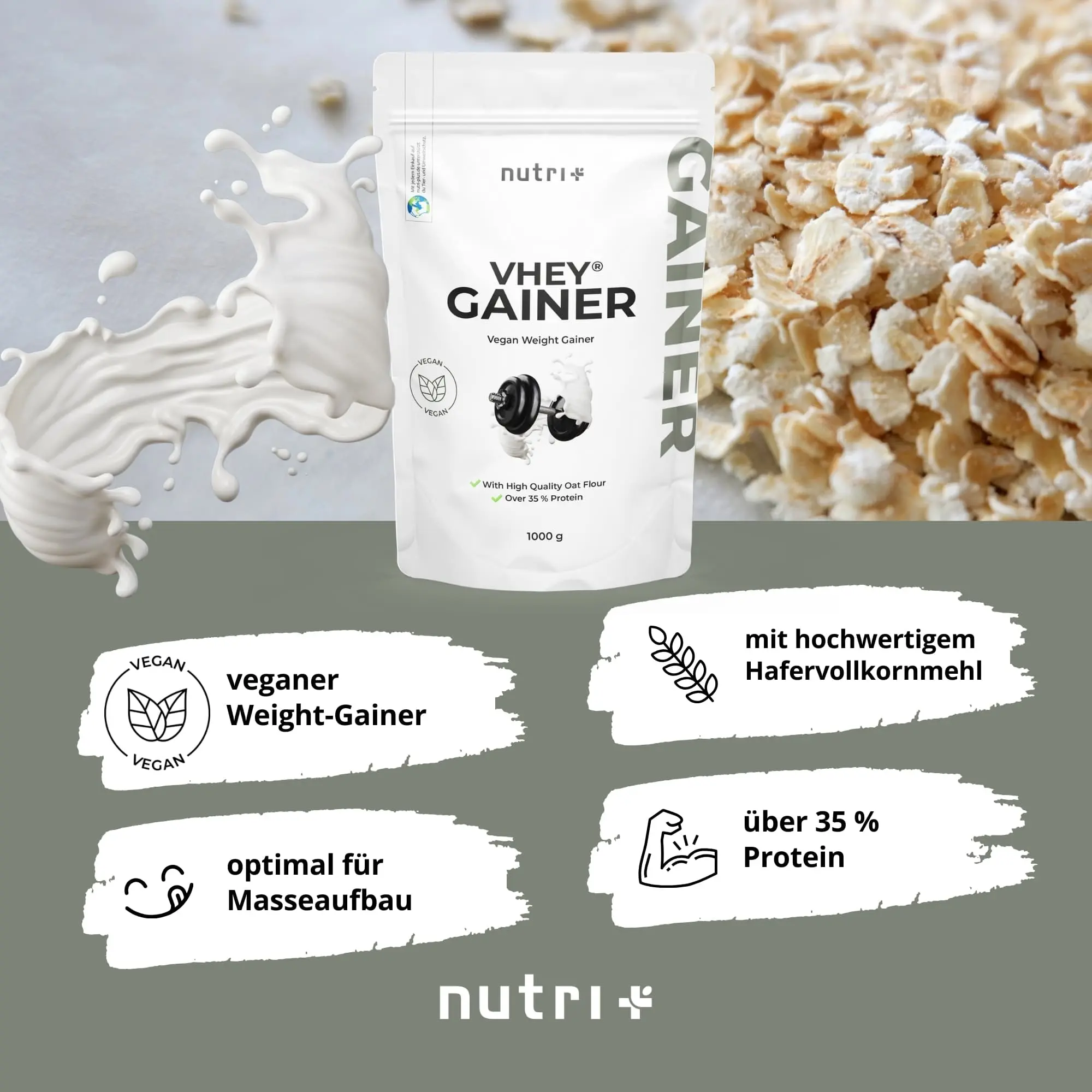 Verpackung des VHEY Gainer Natural in weiß, umgeben von Haferflocken und proteinreichen Zutaten.