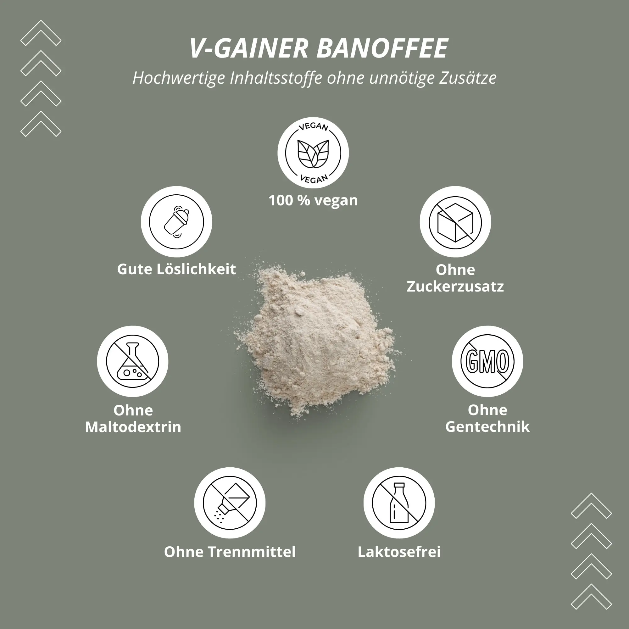 Produktübersicht VHEY Gainer Natural mit wichtigen Informationen zu Inhaltsstoffen und Zusatzstoffen.