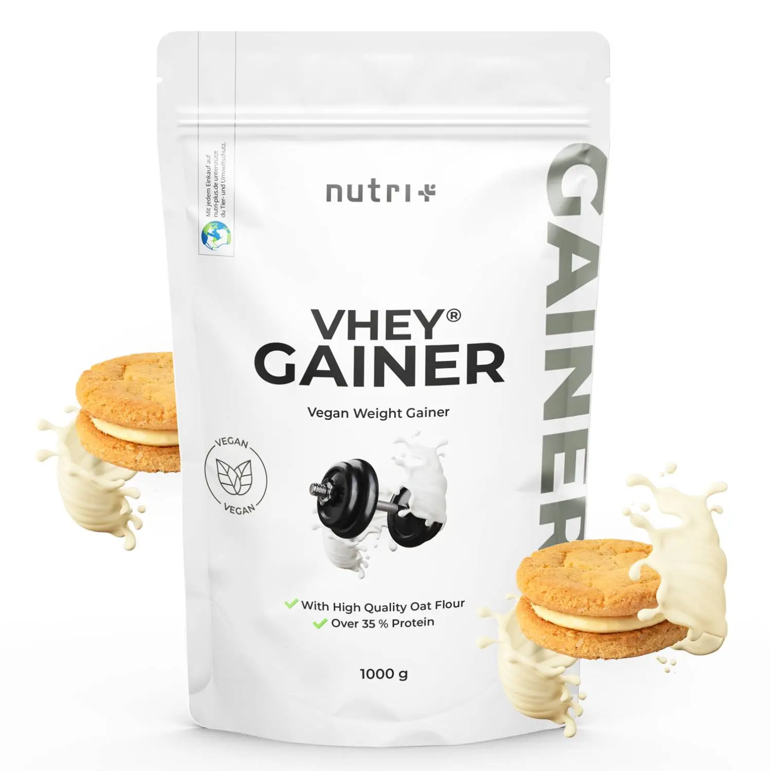 VHEY® Gainer Vanilla Cookie, 1000g Packung mit Keksen und Proteinpulver, veganer Gewichtszunahme-Shake.