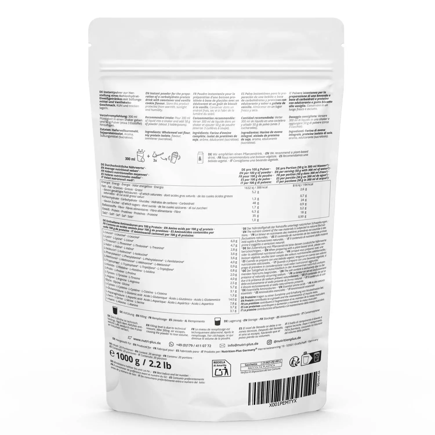 Rückseite der Verpackung des VHEY® Gainer Vanilla Cookie mit Nährwertangaben und Inhaltsstoffen.