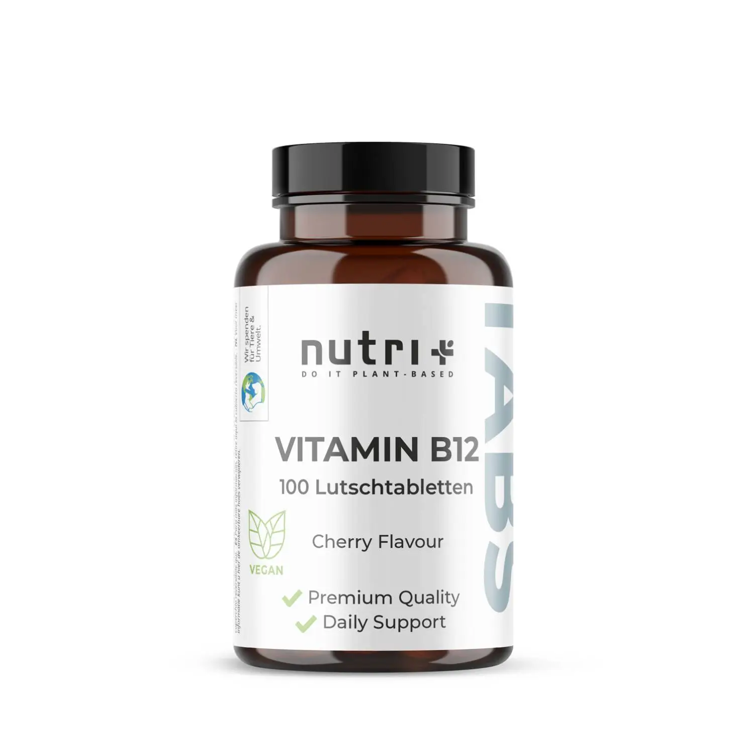Vitamin B12 Lutschtabletten in dunklem Glasbehälter, 100 Stück, mit Kirschgeschmack und veganer Kennzeichnung.