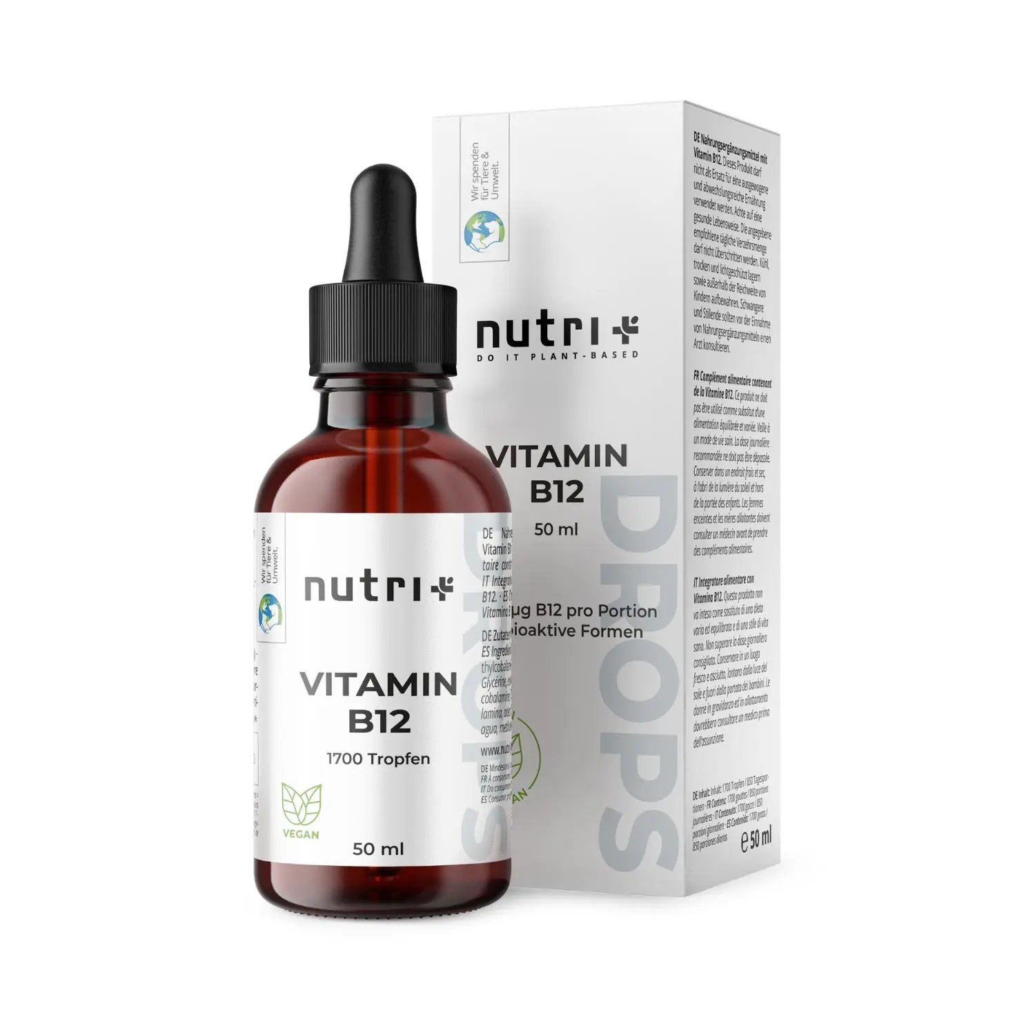 Flasche mit Vitamin B12 Tropfen von nutri, 50 ml, umgeben von Verpackung, vegan und hochdosiert.
