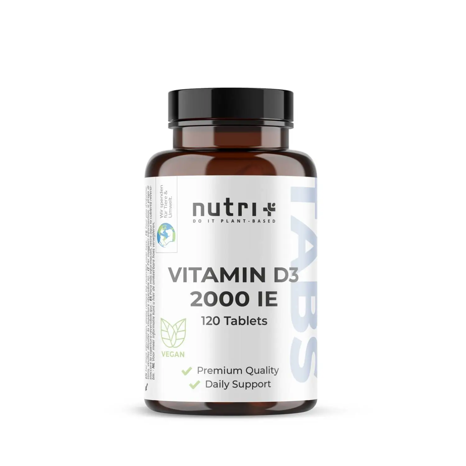 Vitamin D3 Tabletten 2000 IE: vegan, 120 Tabletten in braunem Glasgefäß für Premium-Qualität.
