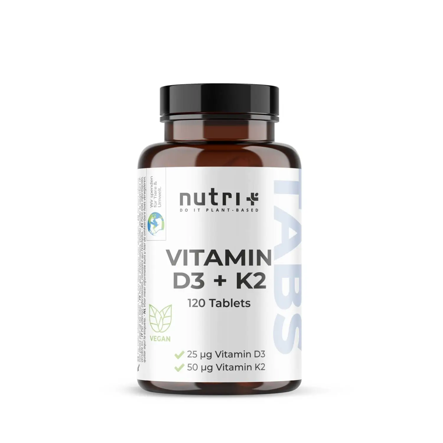 Flasche mit Vitamin D3 + K2 Tabletten, 120 Stück, veganes Nahrungsergänzungsmittel zur Unterstützung der Gesundheit.