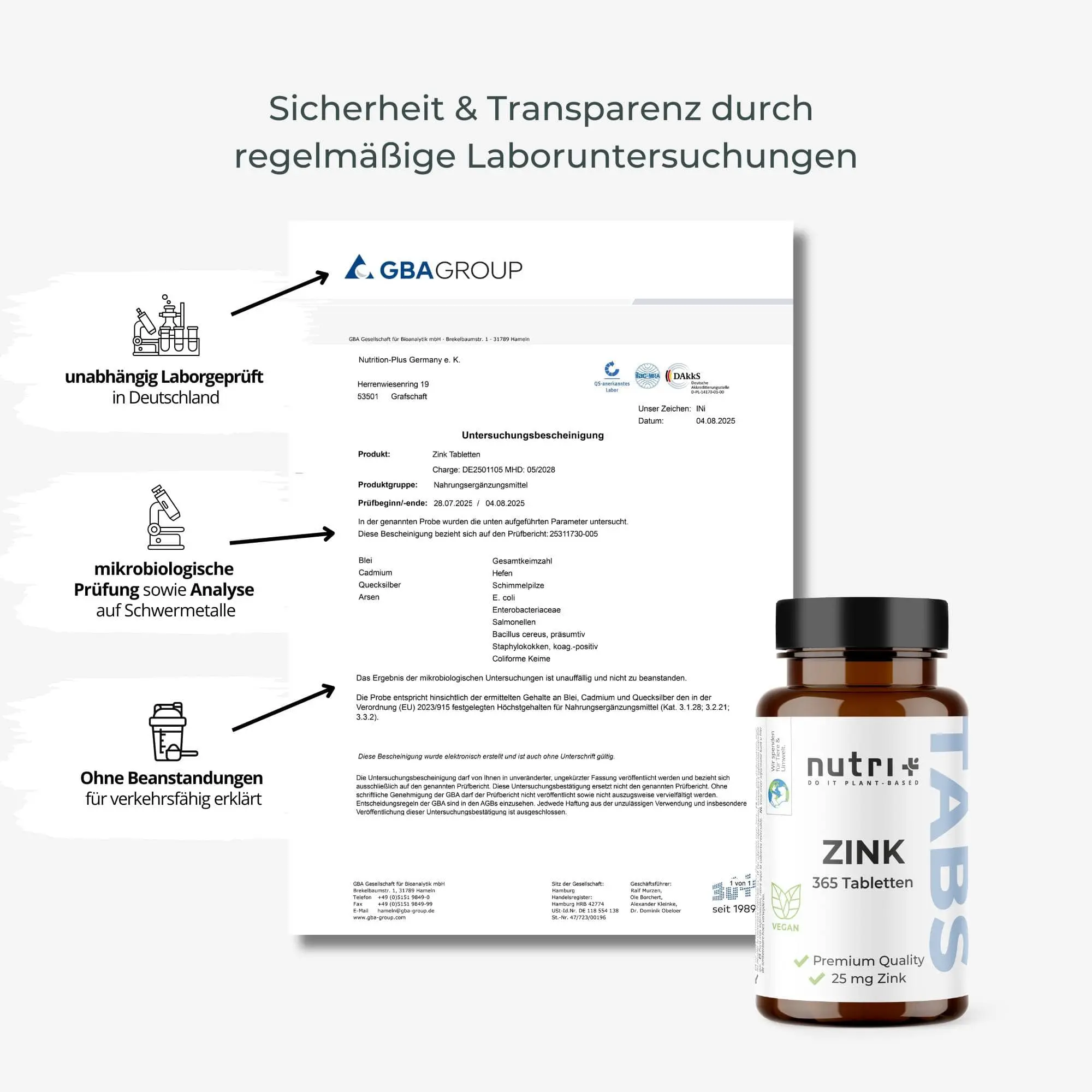 Zink Tabletten von nutri+ mit Laboruntersuchungszertifikat, 365 Tabletten für Immununterstützung.